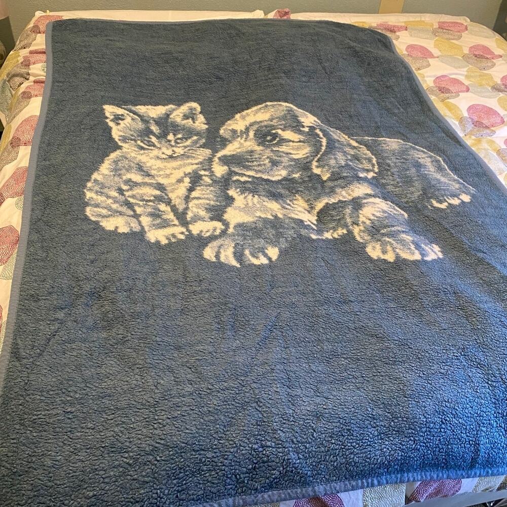 Vtg Ibena Throw Blanket Puppy Kitten Reversible Blue Dolan Acrylic 76 X 52”